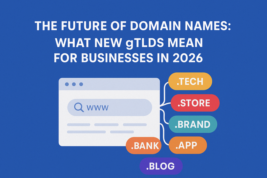 Illustration showing browser window and colorful new gTLDs like .tech, .store, .brand, .bank, .blog representing the future of domain names in 2026